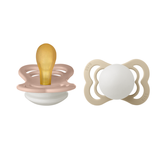 BIBS - Set 2 suzete Supreme Fosforescente GLOW Latex, tetina simetrica, 0 luni +-Blush/Vanilla
