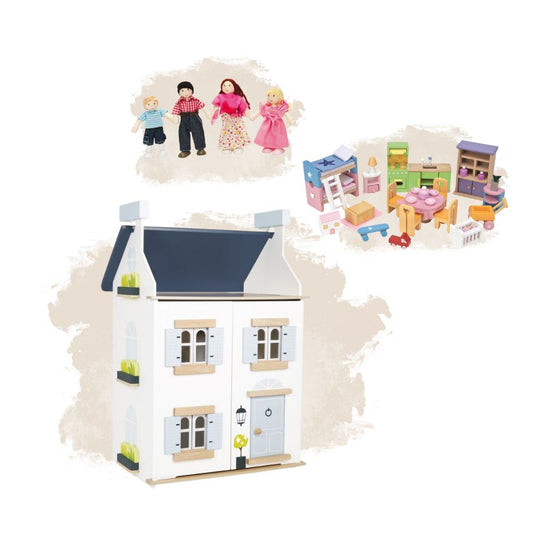 Set jucării, Casă de păpuși, Set mobilier complet și Set 4 figurine familie