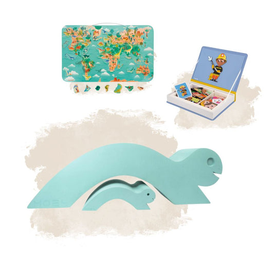 Set jucării, Jucărie de echilibru broască, Puzzle magnetic dinozauri și Joc magnetic cu meserii