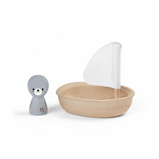 Jucărie de baie cu 1 bărcuță plutitoare și 1 figurină focă, Plan Toys
