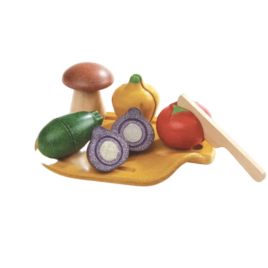 Set legume de jucărie, lemn, feliabile, 7 piese, Plan Toys