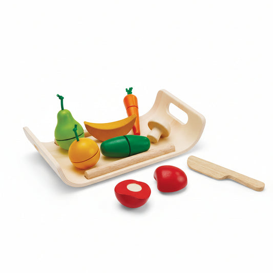 Set fructe și legume de jucărie, lemn, feliabile, 9 piese, Plan Toys