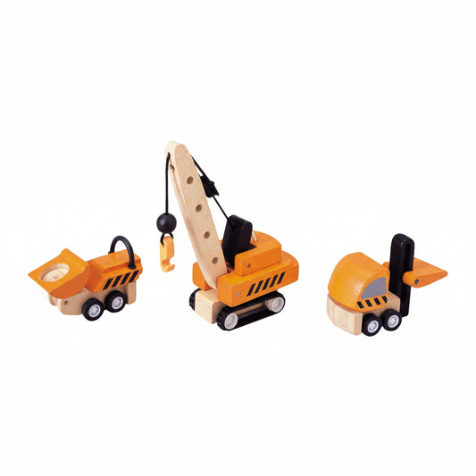 Set utilaje de construcție de jucărie, lemn, 3 bucăți, galben, Plan Toys