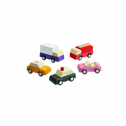 Set mașinuțe de jucărie, lemn, 5 vehicule, Plan Toys