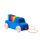 Jucărie de tras, Camionetă albastră cu plăci colorate de construit, lemn, Grimms