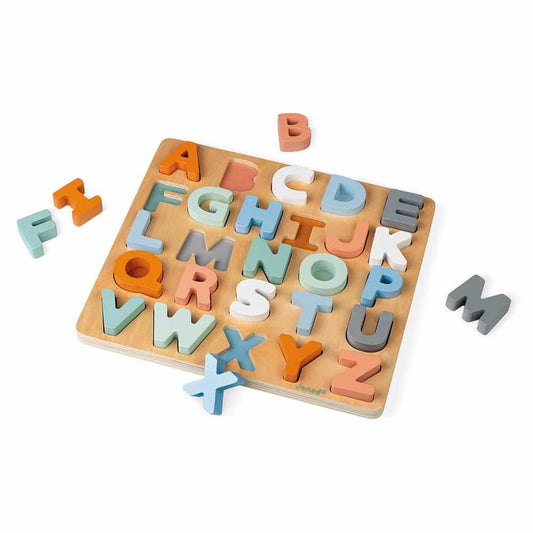Puzzle copii, 26 piese, lemn, Litere și tablă de scris cu cretă, Alfabetul, Janod