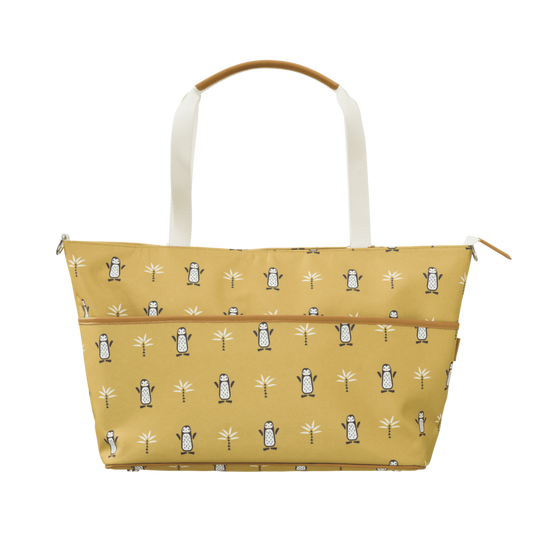 Geantă maternitate mare cu agățători pentru cărucior, include salteluță de înfășat, galbenă, Pinguini, Fresk