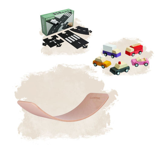 Set jucării, Placă de echilibru Wobbel, Traseu auto cu 24 piese și 5 mașinuțe de jucărie