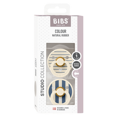 BIBS - Set 2 suzete Colour Studio Collection Stripe Latex, tetina rotunda, 0 luni+-Ivory/Steel Blue