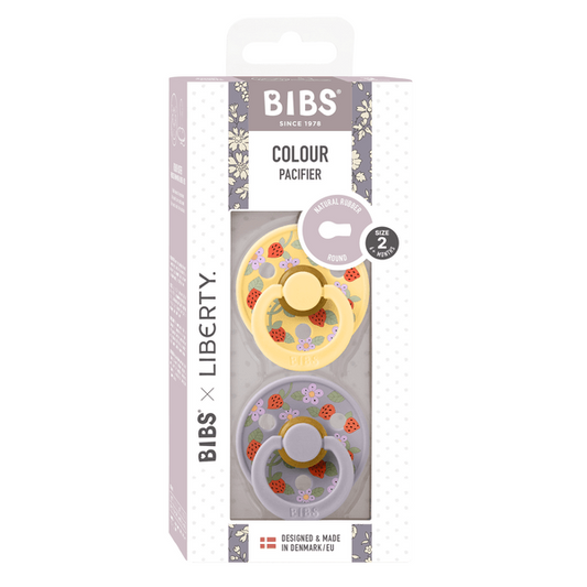 BIBS x LIBERTY - Set 2 suzete Colour Strawberries and Cream Latex, tetina rotunda, 6 luni+-Pale Butter/Fossil Grey