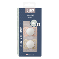 BIBS - Set 2 suzete Supreme Fosforescente GLOW Latex, tetina simetrica, 0 luni +-Blush/Vanilla
