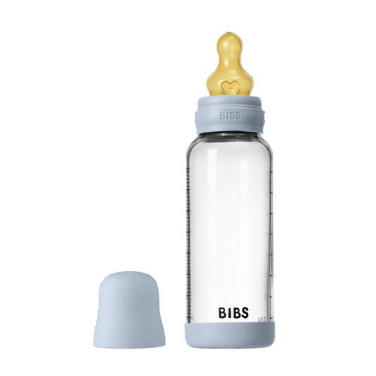 Biberon anticolici din sticlă, 240ml, tetină latex flux mediu, Baby Blue, BIBS