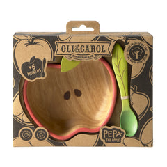 Set bol și linguriță pentru bebeluși, lemn de hevea natural, mărul Pepa, Oli&Carol
