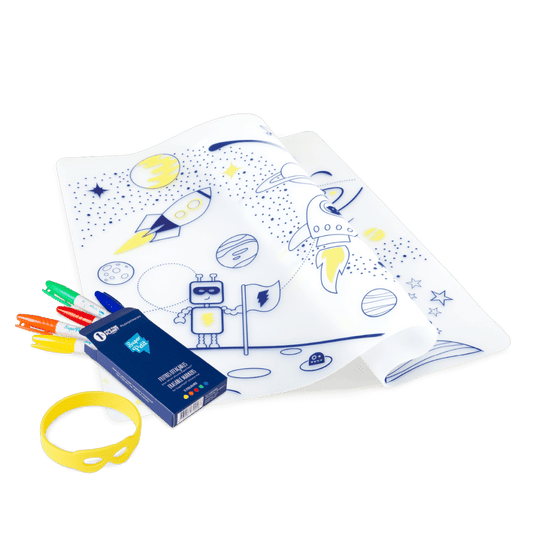 Planșă de colorat reutilizabilă, silicon, 5 carioci, 1 brățară din silicon, În Spațiu, Super Petit