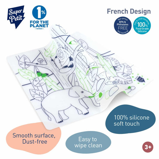 Planșă de colorat reutilizabilă, silicon, 5 carioci, 1 brățară din silicon, Viața sălbatică din junglă, Super Petit