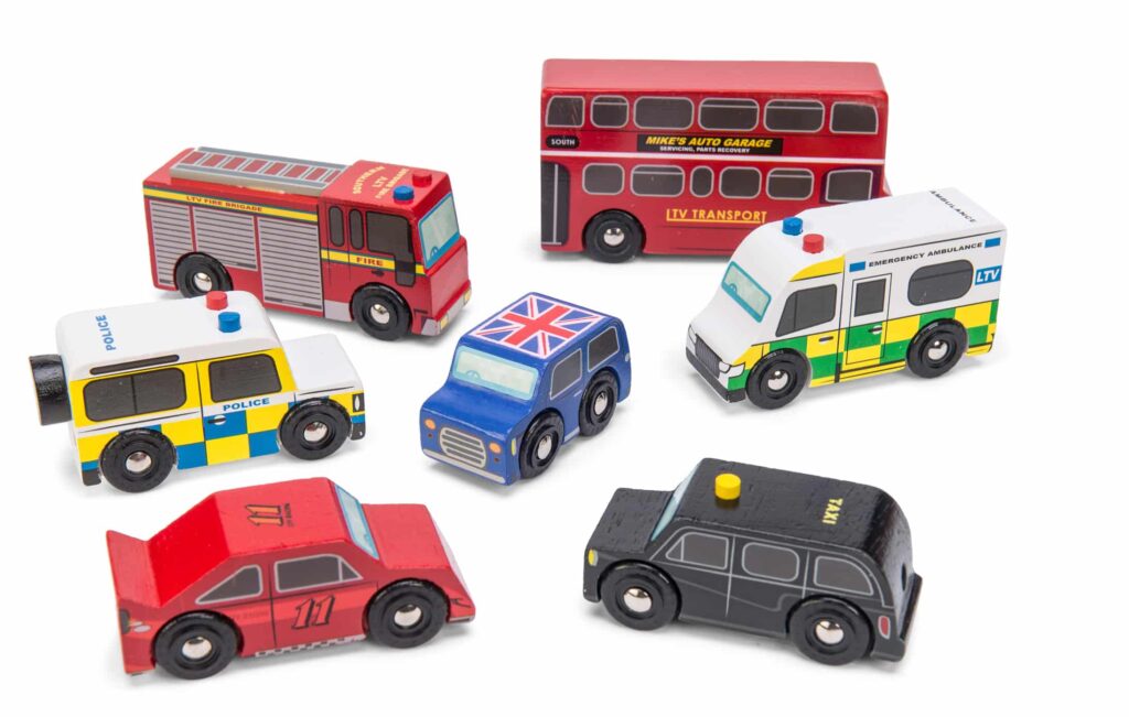 Set mașinuțe de jucărie, lemn, 7 vehicule, Londoneze, Le Toy Van