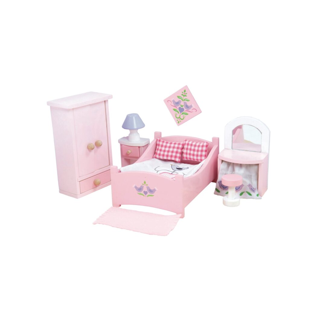 Mobilier căsuța de păpuși, lemn, 5 piese, Dormitor Sugar Plum, Le Toy Van