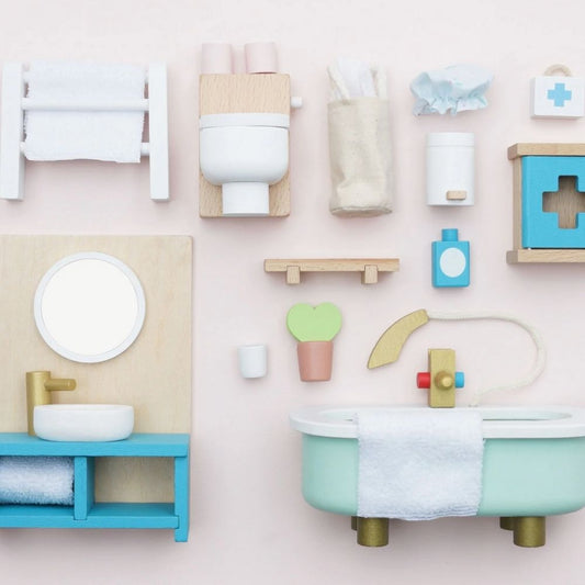 Mobilier căsuța de păpuși, lemn, 19 piese, Baie Daisylane, Le Toy Van