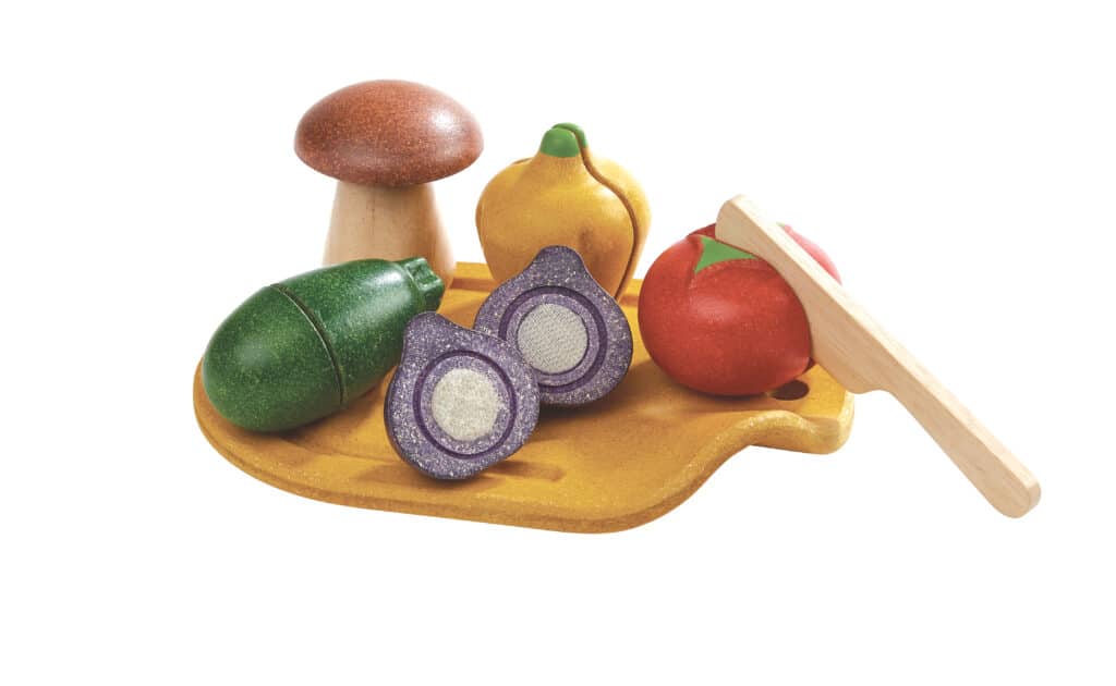 Set legume de jucărie, lemn, feliabile, 7 piese, Plan Toys