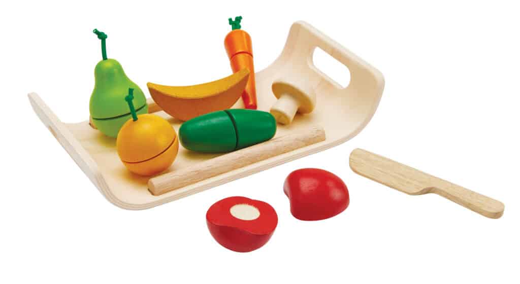 Set fructe și legume de jucărie, lemn, feliabile, 9 piese, Plan Toys