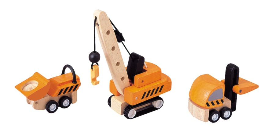 Set utilaje de construcție de jucărie, lemn, 3 bucăți, galben, Plan Toys