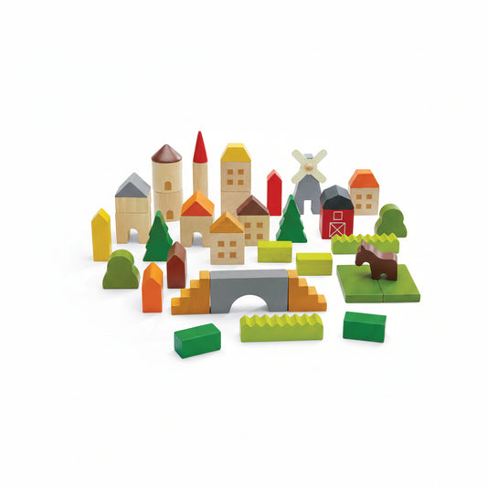 Cuburi de construit din lemn, 45 bucăți multicolore, Plan Toys