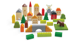 Cuburi de construit din lemn, 45 bucăți multicolore, Plan Toys