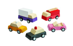 Set mașinuțe de jucărie, lemn, 5 vehicule, Plan Toys