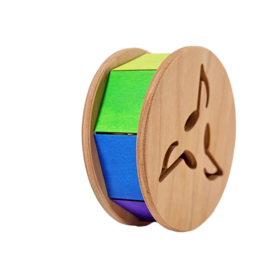 Jucărie zornăitoare, Rotiță colorată cu clopoțel și bile, curcubeu, lemn, Grimms
