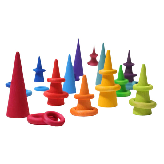 Set de construcție, Conuri Montessori, 12 piese, lemn, Grimms