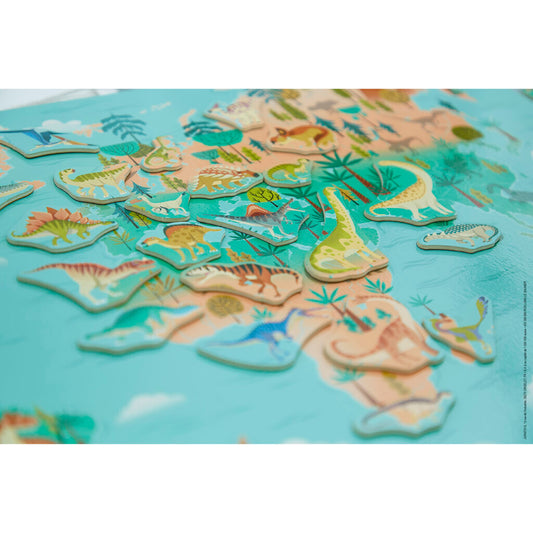 Puzzle copii, magnetic, 50 piese în formă de dinozauri, Harta lumii, Janod