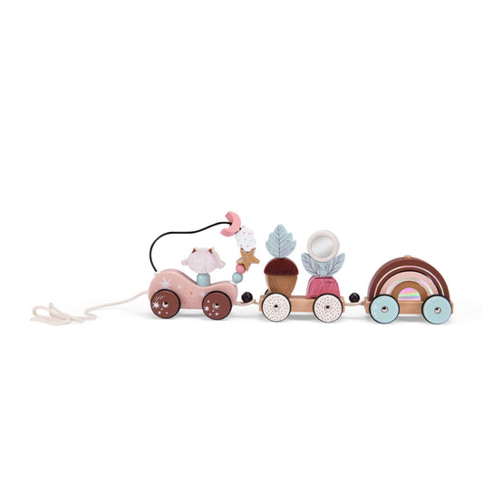 Jucărie de tras din lemn, Trenuleț roz cu oiță și activități, Moulin Roty