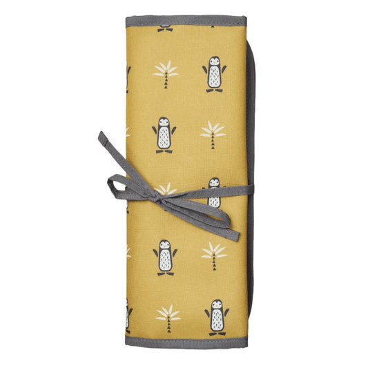 Geantă maternitate mare cu agățători pentru cărucior, include salteluță de înfășat, galbenă, Pinguini, Fresk