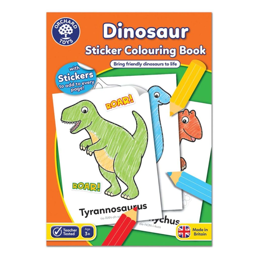 Carte de colorat pentru copii cu activități în limba engleză cu 34 abțibilduri, Dinozauri, Orchard Toys