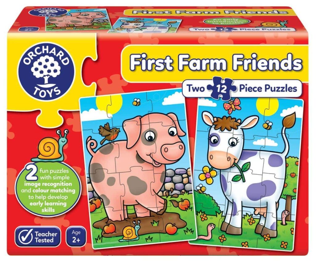 Puzzle bebe, 2 bucăți cu 12 piese, Primii Prieteni de la fermă, Orchard Toys