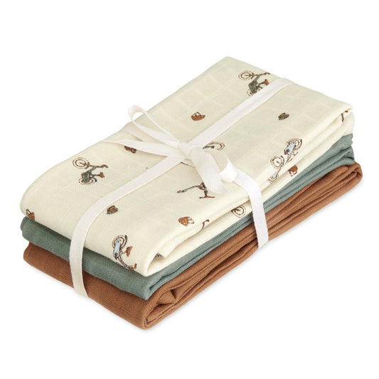 Museline, bumbac organic, 70×70 cm, 3 bucăți, Bicycles, Coral, Cam Cam Copenhagen