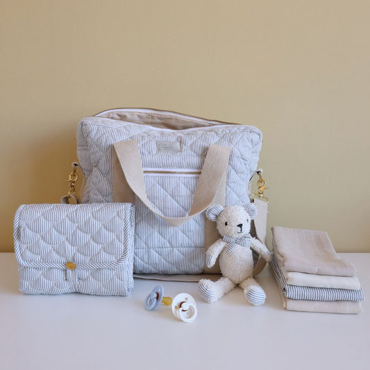 Geantă maternitate mare cu agățători pentru cărucior, Classic Stripes Blue, Cam Cam Copenhagen