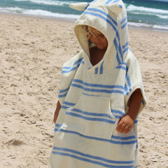 Prosop poncho cu glugă pentru copii, 100% bumbac, 86 cm, Sammy the Seagull Blue Stripe, SUNNYLiFE