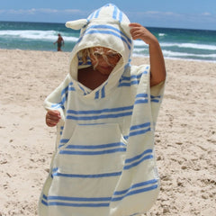Prosop poncho cu glugă pentru copii, 100% bumbac, 86 cm, Sammy the Seagull Blue Stripe, SUNNYLiFE