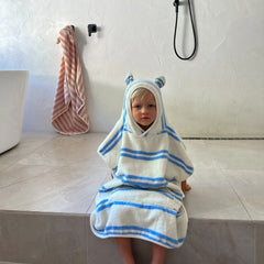 Prosop poncho cu glugă pentru copii, 100% bumbac, 86 cm, Sammy the Seagull Blue Stripe, SUNNYLiFE