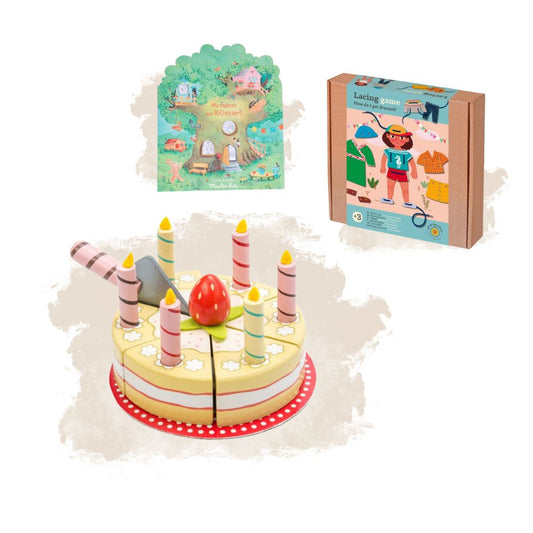 Set jucării, Tort de jucărie, Set creativ de cusut și Carte de colorat