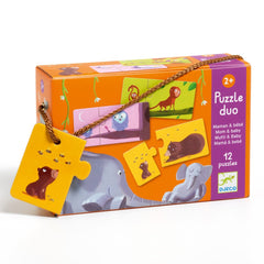 Puzzle bebe, 12 bucăți cu 2 piese, Găsește mama puiului, Djeco